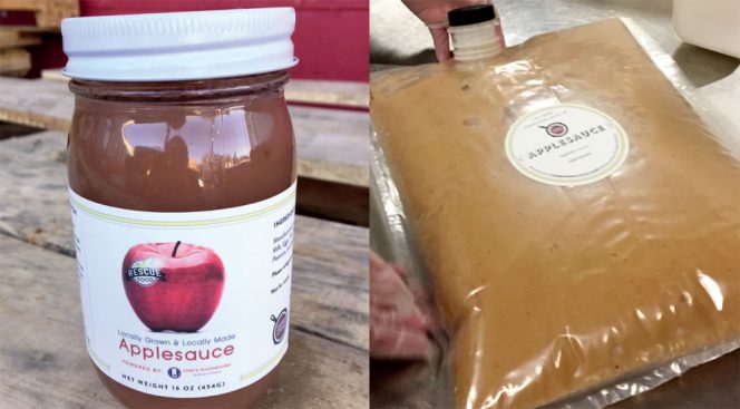 The 400 gallons of applesauce produced were packaged in both jars (left) and bags (right) for sale to Boston Children’s Hospital and Boston Public Schools.