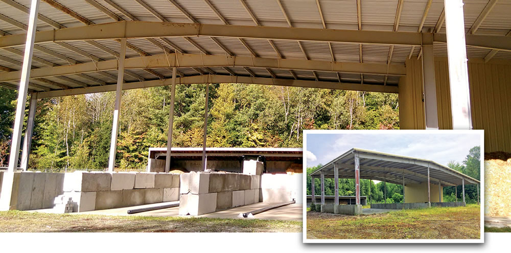 The original composting structure (inset) was retrofitted to house 3 primary and 2 secondary aerated static pile (ASP) bays with concrete block walls (left).