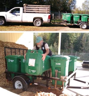 The Lamoille solid waste district manages 6 drop-off sites where households bring food scraps and unload them into 48-gallon totes. Once a week, Lamoille Soil collects the totes using a pickup truck and trailer (top), and unloads them at the composting facility (above).