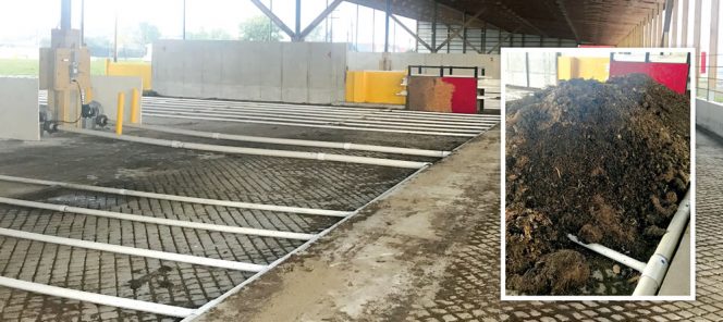 The retrofit required laying perforated piping on the floor, and installing fans and timers with a supporting electrical system. Food waste is composted with yard trimmings and soybean meal (inset).