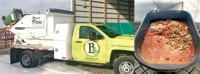 Barnes Nursery provides food waste collection and trucking of inbound waste streams and outbound finished product (left). AOCI diverts 2.5 tons/month of food waste (right) to the composting site.