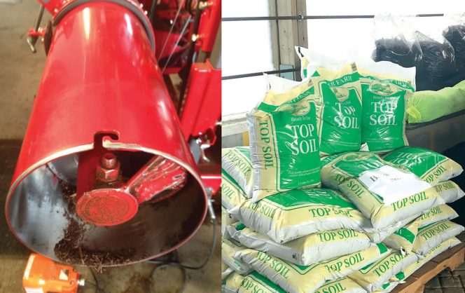 Barnes Nursery markets and distributes the compost. It utilizes a Rotochopper bagger (left) to fill bags of compost (right) and erosion control socks.