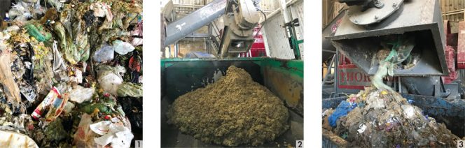 Contamination in the commercial stream, combined with an increased flow of packaged food, led South San Francisco Scavenger Co. to purchase a Scott Equipment Turbo Separator. Incoming organics (1); Fresh mash (2); Reject material (3).