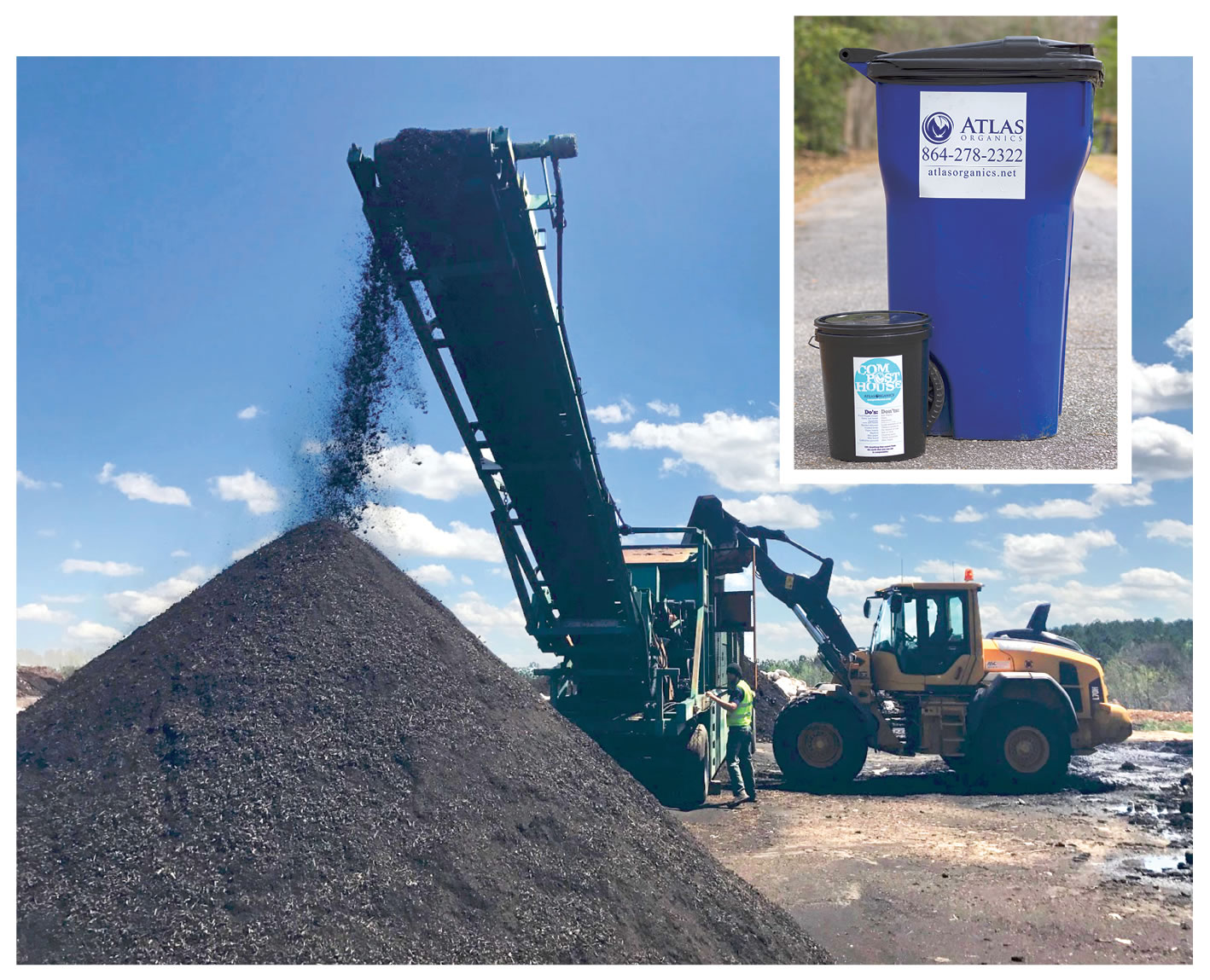 Most of Atlas Organics’ STA-certified compost is sold in bulk to area farmers. Commercial food waste clients receive 35- and 64-gallon carts; residential and small business customers utilize 5- or 13-gallon buckets as part of Atlas’ Compost House collection program (inset).