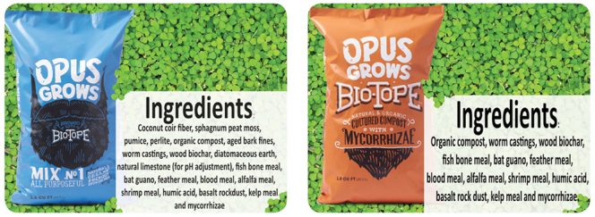Products include Biotope (soil amendment) and Opus1 (potting soil).