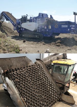 A Peterson Pacific horizontal grinder (top) was used to produce the 6-inch and 8-inch particle sizes for the field test. Dirt Hugger turns its windrows with a Vermeer elevated face turner (bottom).