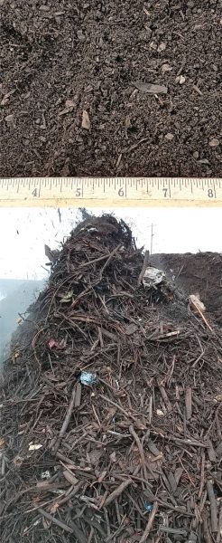 Screening and separation results: Peterson Processed Rows’ fines (top) and overs (bottom) after the trommel and air separator. Plastics content in the Processed Rows was lower than the D.H. Control. Note that the remaining plastic is mostly 12 inches in size.