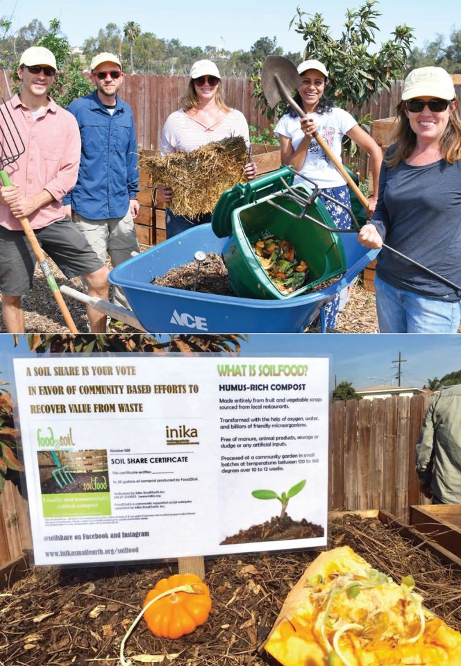 Food2Soil team (top, from left to right): Skyler Wilder, Richard Williamson, Tara Stowell, Sarah Boltwala-Mesina and Jennifer Linder. Signage (bottom) describes Food2Soil’s mission of recovering food scraps to make “soil food.”