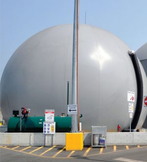 Lean biogas (too low in methane to upgrade) from the dry AD system is piped to a globe-shaped tank beside the wet AD tank and flared.