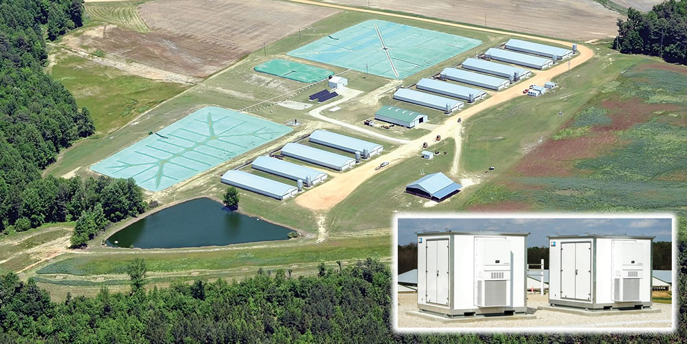 A microgrid pilot project was installed at Butler Farms, a hog producer with an anaerobic digester. Components include a battery system and controller (below), solar panels, a diesel generator and a biogas-powered generator.