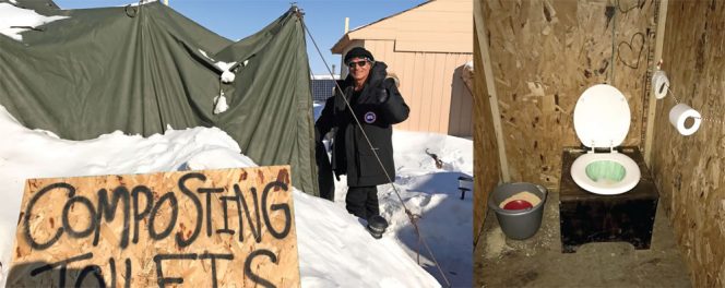 Composting toilets were fitted with 5-gallon BioBags® (right). They were housed in tents that required round-the-clock lighting and heating (below). 