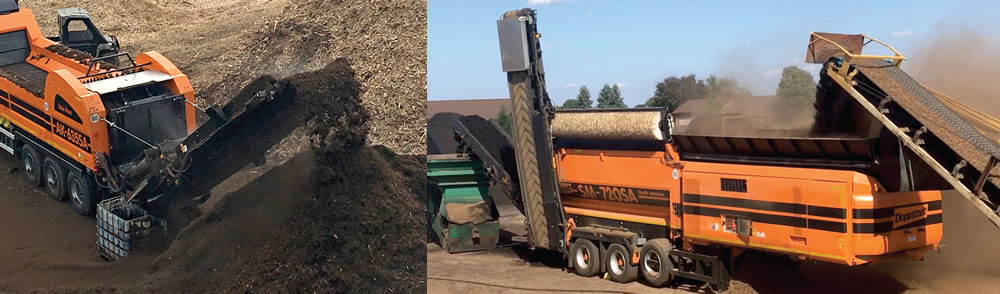 Kreider Mulch utilizes a slow-speed shredder and a high-speed grinder (left) for mulch production. The company’s trommel (right) has two drums — one with sizing and the other a solid drum for colorizing.