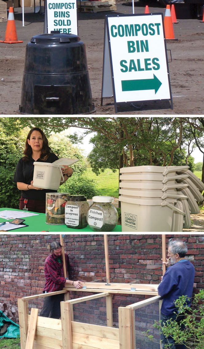 Compost bin sale in New York City in 2006 (top). Austin Resource Recovery composting workshop illustrating use of kitchen pails to hold food scraps (center). Do-It-Yourself two-bin home composting system (bottom).