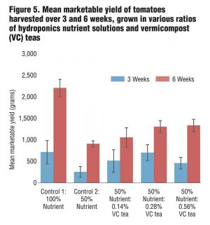 Figure 5. Mean marketable yield of tomatoes harvested over 3 and 6 weeks, grown in various ratios of hydroponics nutrient solutions and vermicompost (VC) teas