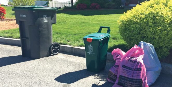 Residents purchase 13- or 33-gallon blue trash bags (blue bag behind pink bag for reusable item donation). Natick is just completing a curbside food waste collection pilot where 500 households were give 13-gallon carts.