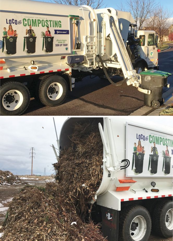 Longmont residents who sign up for curbside compostables collection receive a 96-gallon cart with a green lid imprinted with program guidelines. The city purchased a 28-yard automated side-loading organics collection truck to service the program (top). Organics are unloaded at a transfer station (bottom) and taken to A-1 Organics for composting.