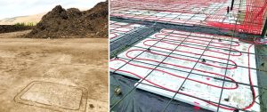 Dirt Hugger’s aeration pad (left) incorporates 5,000 feet of radiant PEX tubing that was placed during construction (right). Glycol, circulating through the tubing, is warmed by the heat generated by the composting process.