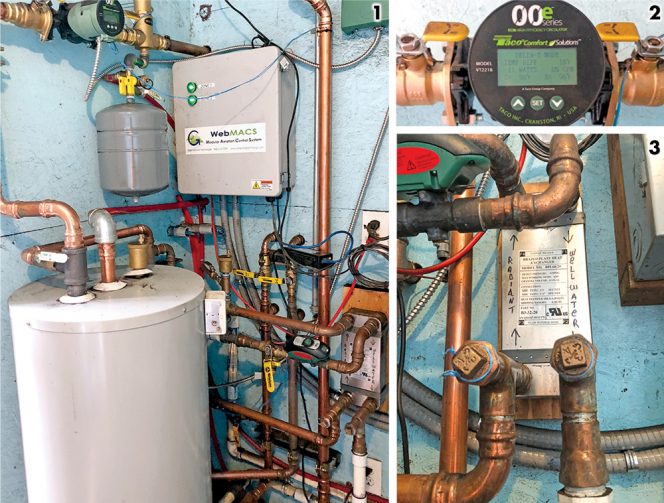 In the “heating loop” warmed glycol, from the aeration pad, circulates into the pump house (1) via two variable speed and energy efficient pumps (2). This building houses the heating/cooling exchange system. Here, warmed glycol preheats domestic hot water that is used in the office and is pumped into the adjacent office/shop building. The system features manual valves (3) to switch between the compost-warmed glycol and well-water cooled glycol.