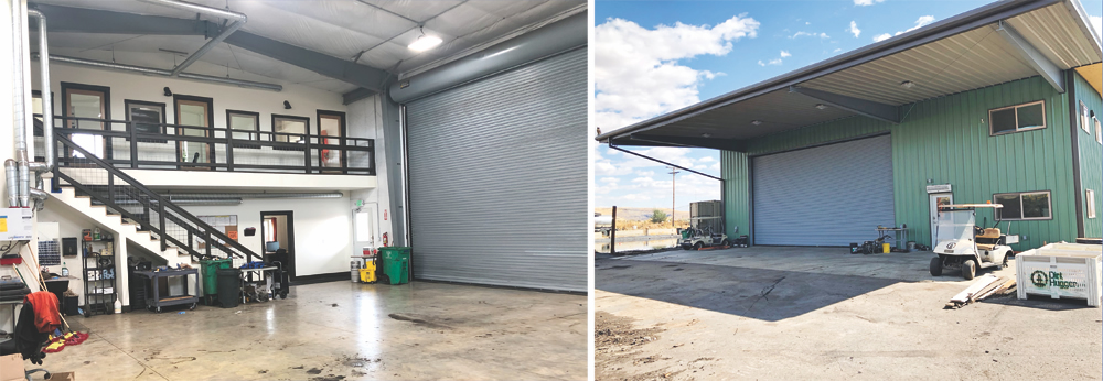 Warmed or cooled glycol circulates through the floors of Dirt Hugger’s office/shop building’s first and second stories (left). This radiant system extends into the covered pad outside the shop (right).