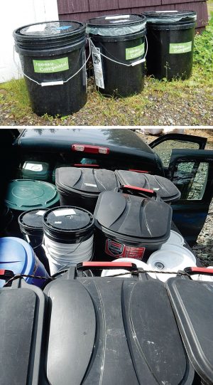 Customers purchase 5-gallon buckets or provide their own. Juneau Composts uses a pickup truck for food scraps collection; buckets are emptied into 45-gallon trash containers in the truck bed.