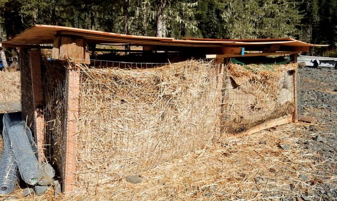 Eight-foot by eight-foot pallet bins are used for the first phase of composting.