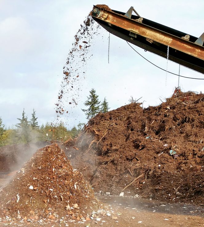 Compostable food service packaging was mixed with other feedstocks, e.g., yard trimmings, and run through a grinder.