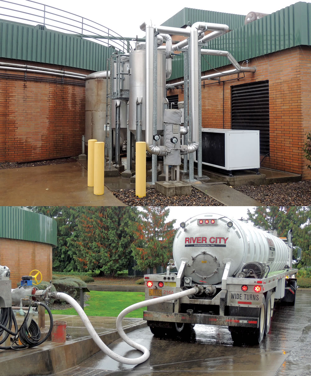 Scrubbing system (above) removes hydrogen sulfide, moisture and then siloxanes from the biogas prior to being used by the cogeneration engines. Pump trucks offload fats, oils and grease (FOG) into large storage containers (left). FOG is slowly injected into the digesters.