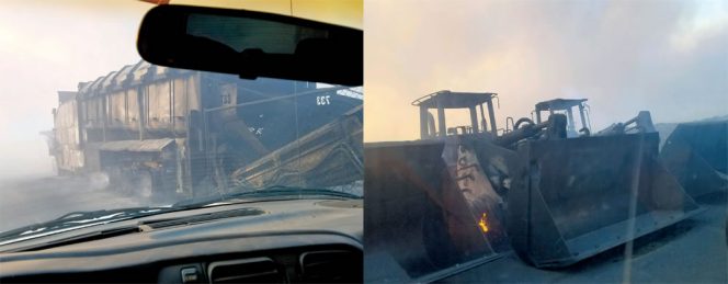 Photos taken from the safety of a vehicle illustrate the level of devastation at the LCEC. High winds at 50 mph spread the Creek Fire through the site, quickly engulfing large equipment.
