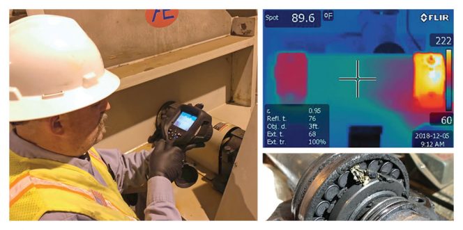 Infrared thermography uses a specialty camera (below) that displays and captures images color-coded by temperature (top, right). Users can quickly identify high temperatures on rotating equipment such as a bearing (bottom, right).