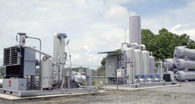 Preconditioned biogas from the farms is routed to Optima KV’s central gas clean-up facility (above) on Smithfield Foods’ property. The cleaned biomethane is pressurized to pipeline standards and sold to Duke Energy.