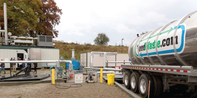 Slurried food waste is delivered in tanker trucks to Vanguard’s Farm Powered digesters. The company leases two tanker trucks (one shown above) to do its own collections, in addition to receiving loads from other haulers.