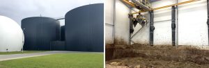 Biogas became a political priority in Denmark as a means to control agricultural waste management problems and provide a flexible renewable energy product. (Photo on left, taken at Nature Energy Månsson biogas plant in Brande.) Receiving hall for deep litter (non-liquid manure) at the Midtfyn Biogas Plant (right).