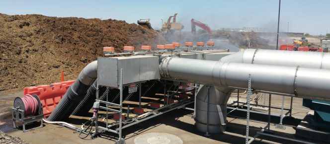 The Phoenix composting facility uses a reversible aeration system with air delivered to, or extracted from, 175-feet long by 180-feet wide extended piles divided into 8 aeration zones.