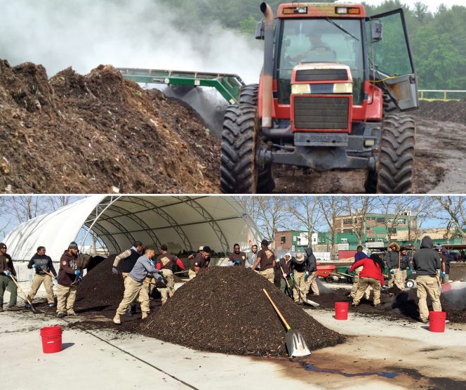 McSweeney discusses the full suite of composting methods, including mechanically turned windrows (top) and human-turned windrows (above).