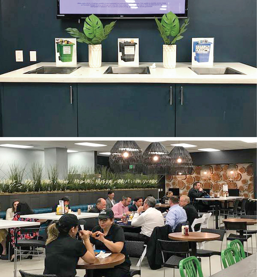 The waste diversion station (above) in the employee restaurant (below) is color coded by commodity stream with clear signage listing items that are accepted in each bin.