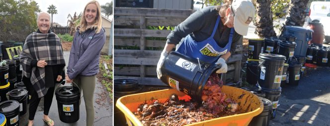 Participants drop their bokashi-treated food scraps at Solana Center (left) and receive a clean bucket — and some compost — to take home. When capacity in the composting bins is available, the buckets are emptied (right) and mixed with bulking agents.