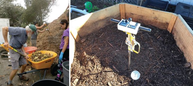 Staff and volunteers manage the aerated static pile composting process — from adding fresh material on the front end (top) to sifting compost on the back end. Piles are monitored using a Reotemp thermometer and oxygen meter.