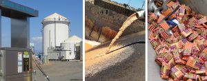 North State Rendering Co., Inc.’s (NSR) anaerobic digestion facility produces RNG for vehicle fuel (left). NSR has accepted clean high strength organics streams (middle) for a number of years, and recently installed a depackager to increase its ability to process packaged food waste (right).