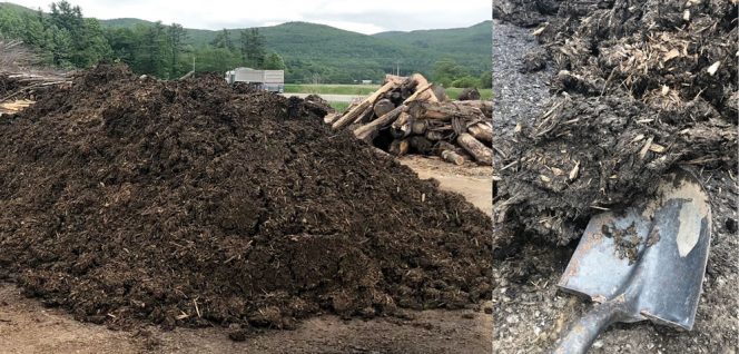 Dissolved Air Flotation (DAF) sludge (left) was mixed with sawdust, ground wood chips and bedded horse manure (right) then placed in a negatively aerated composting zone.