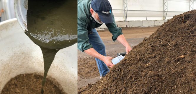 To test production of a P-fortified compost, concentrate from Digested Organics’ ultrafiltration equipment (left) was added as a feedstock prior to active composting (right).