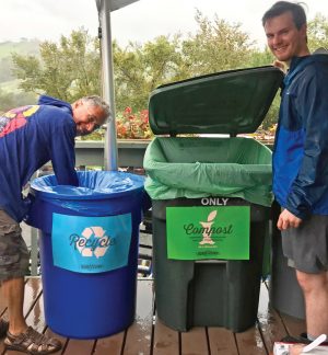 Food waste and certified compostable products were accepted in the compostables bin (right). Compost Crusader, based in Milwaukee, composted the materials.