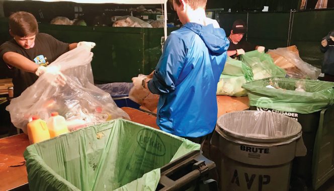 All bags of recyclables and compostables were inspected in a centralized location. Contaminants are removed before materials leave the venue.