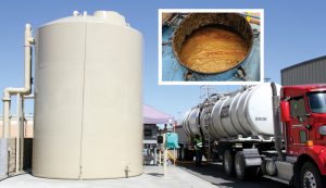 A tanker truck unloads processed food waste slurry (above, left) into 15,000 gallon storage tanks. A typical tanker load is 4,600 to 4,800 gallons.