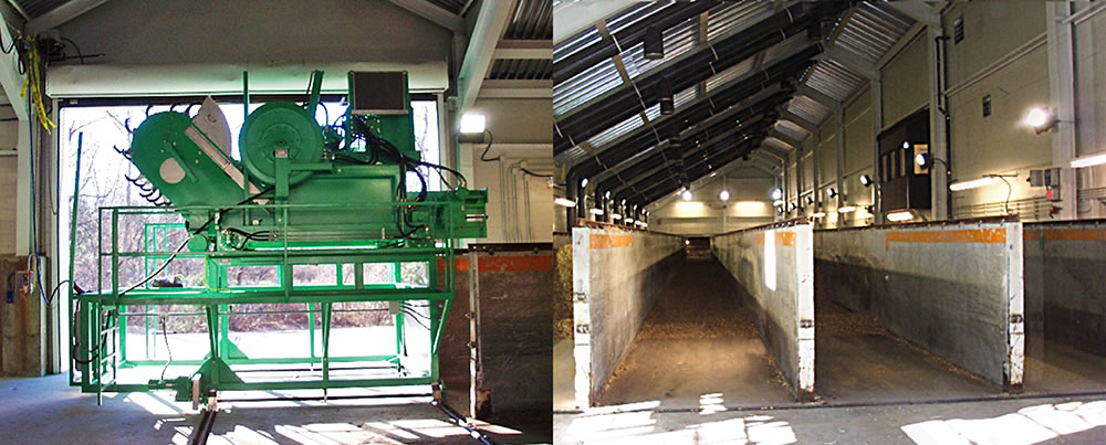 BDP agitator (left) installed at the Bennington WWTP, which turns material as it moves down the composting bays (right).