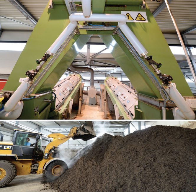 Residence time in the horizontal plug-flow reactor is 14 days, after which digestate is dewatered in a screw press (top). Solids (bottom) are composted on-site, while liquids are taken to farms for land application.